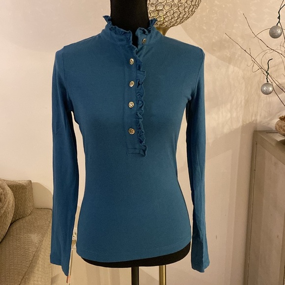 Tory Burch Women's Teal Ruffle Button-Up Top size XS - Picture 2 of 6